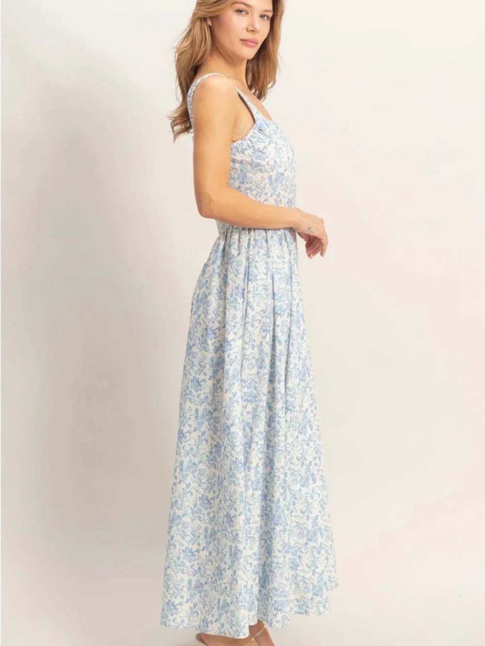 HYFVE Blue Floral Cotton Empire Waist Maxi Dress Square Neck Cottagecore Medium - Picture 2 of 5